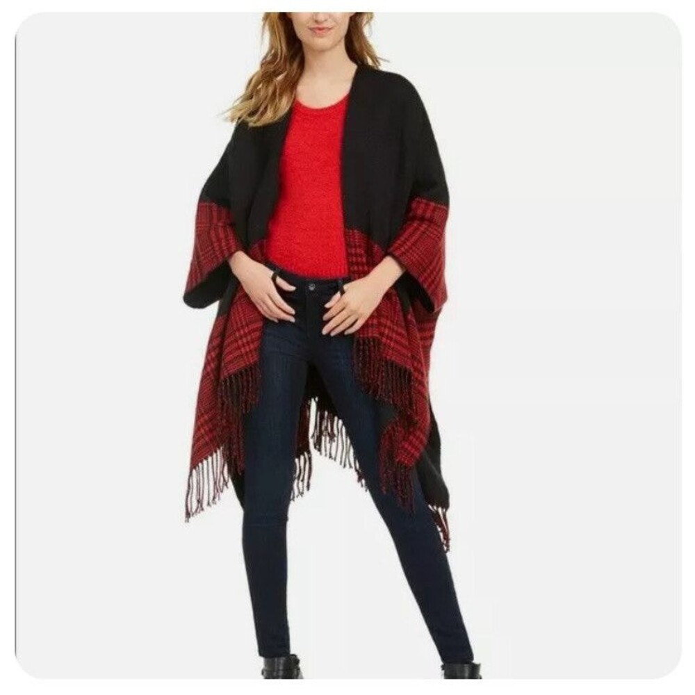 Charter Club Plaid Poncho Color blocked Red Black One Size Winter Casual Fringe